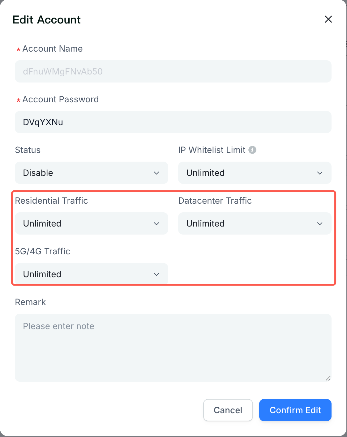 Edit account - set traffic limits
