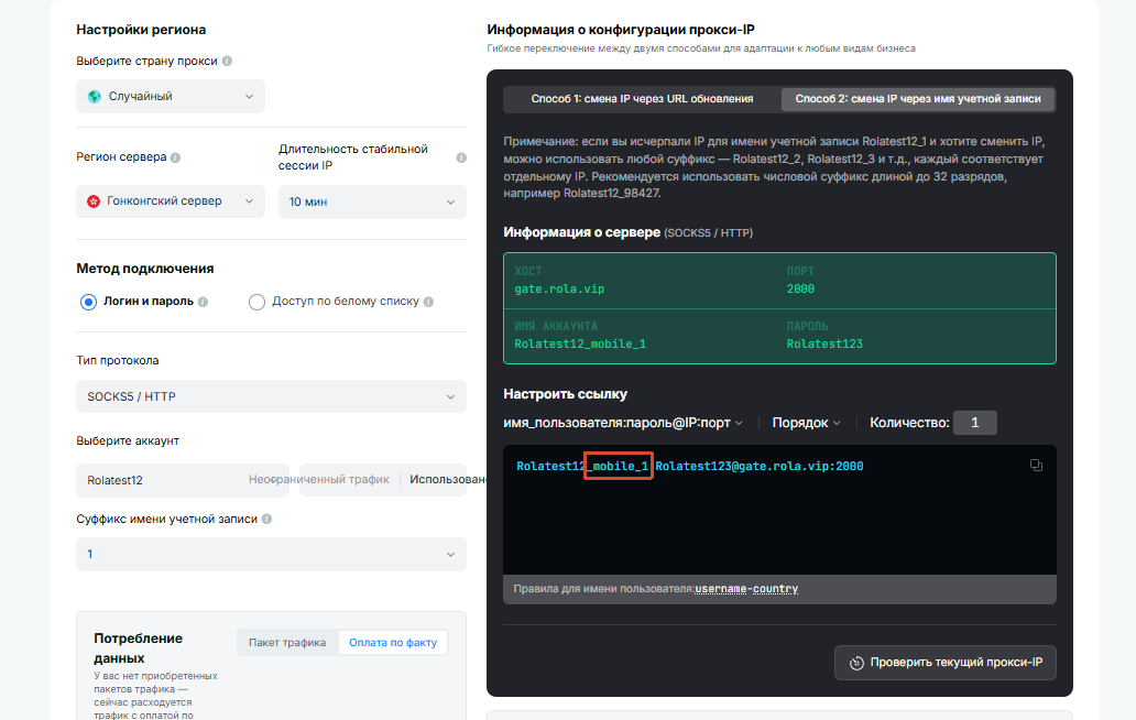 Mobile IP settings page: account name with the _mobile marker, mapped to region and session parameters