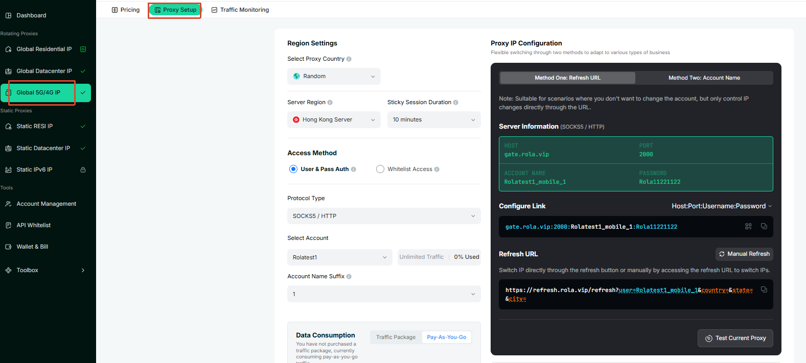 Mobile IP configuration flow: open the Mobile IP settings page