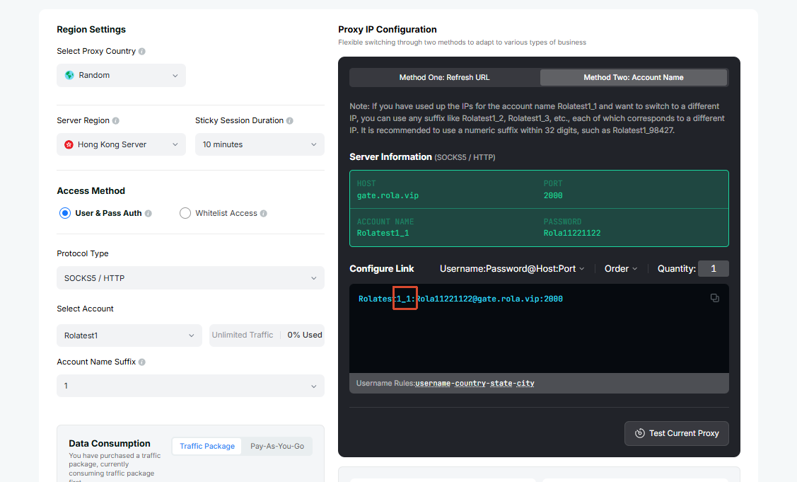 Settings page: the account name suffix is the sessionid